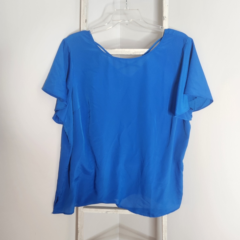 Talbots Top womens size 3X blue criss cross back short flutter sleeve